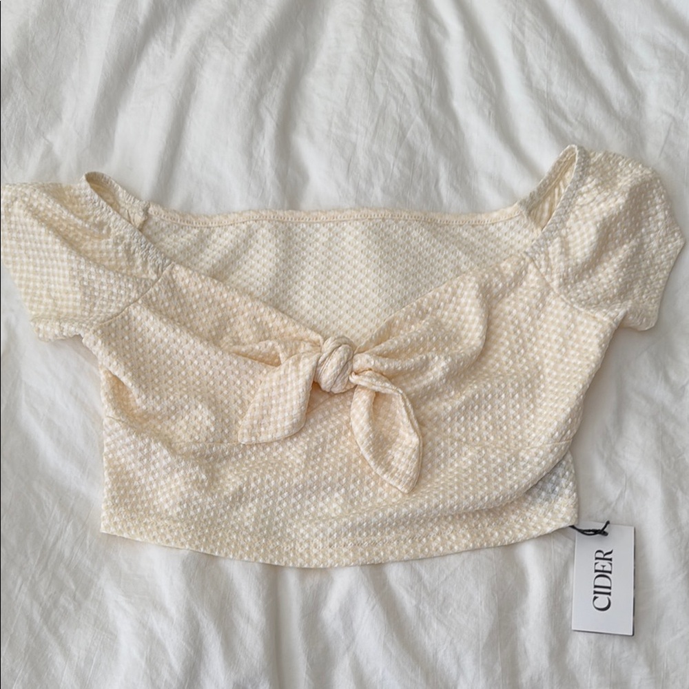 Cider Cream Cap Sleeve Crop Blouse with Tie Front